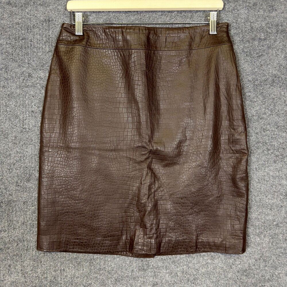 Brandon Thomas Women's Leather Skirt Size 10 Brown Croc Embossed Pencil Preppy